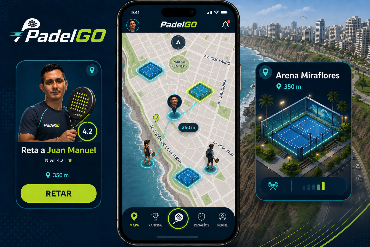 Aplicación PADELGO con Juan Manuel y canchas en Lima
